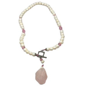 ARTISAN freshwater pearl necklace with chunky quartz pendant sterling silver